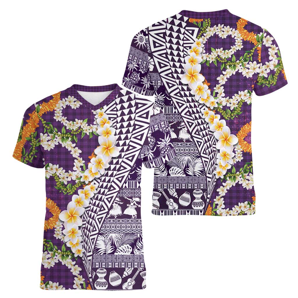 Hawaiian Plumeria Lei Women V-Neck T-Shirt Kakau Motifs and Palaka Half Style Purple Color - Polynesian Pride
