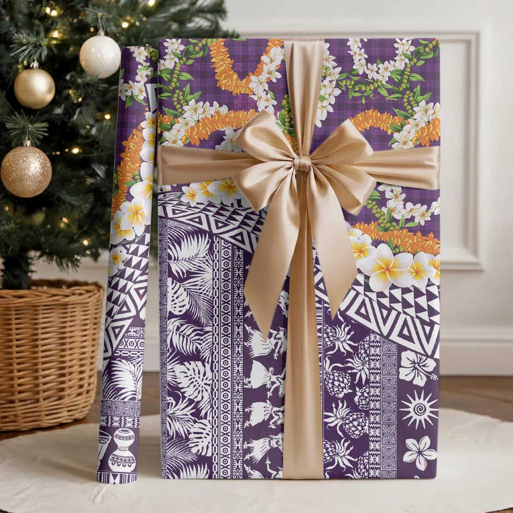 Hawaiian Plumeria Lei Wrapping Paper Kakau Motifs and Palaka Half Style Purple Color - Polynesian Pride