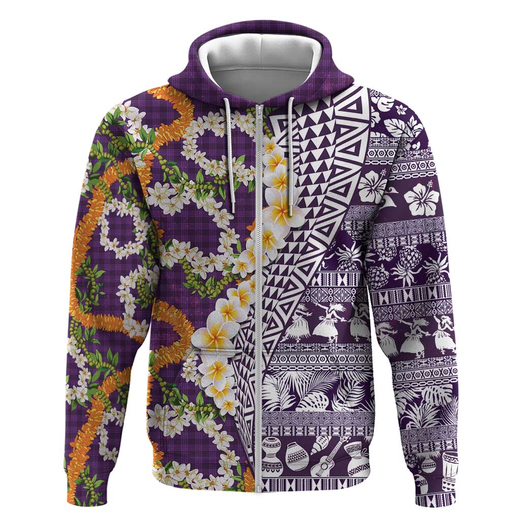 Hawaiian Plumeria Lei Zip Hoodie Kakau Motifs and Palaka Half Style Purple Color LT03 Zip Hoodie Purple - Polynesian Pride