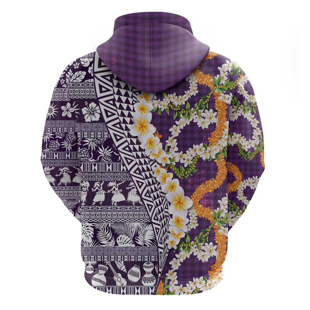 Hawaiian Plumeria Lei Zip Hoodie Kakau Motifs and Palaka Half Style Purple Color - Polynesian Pride