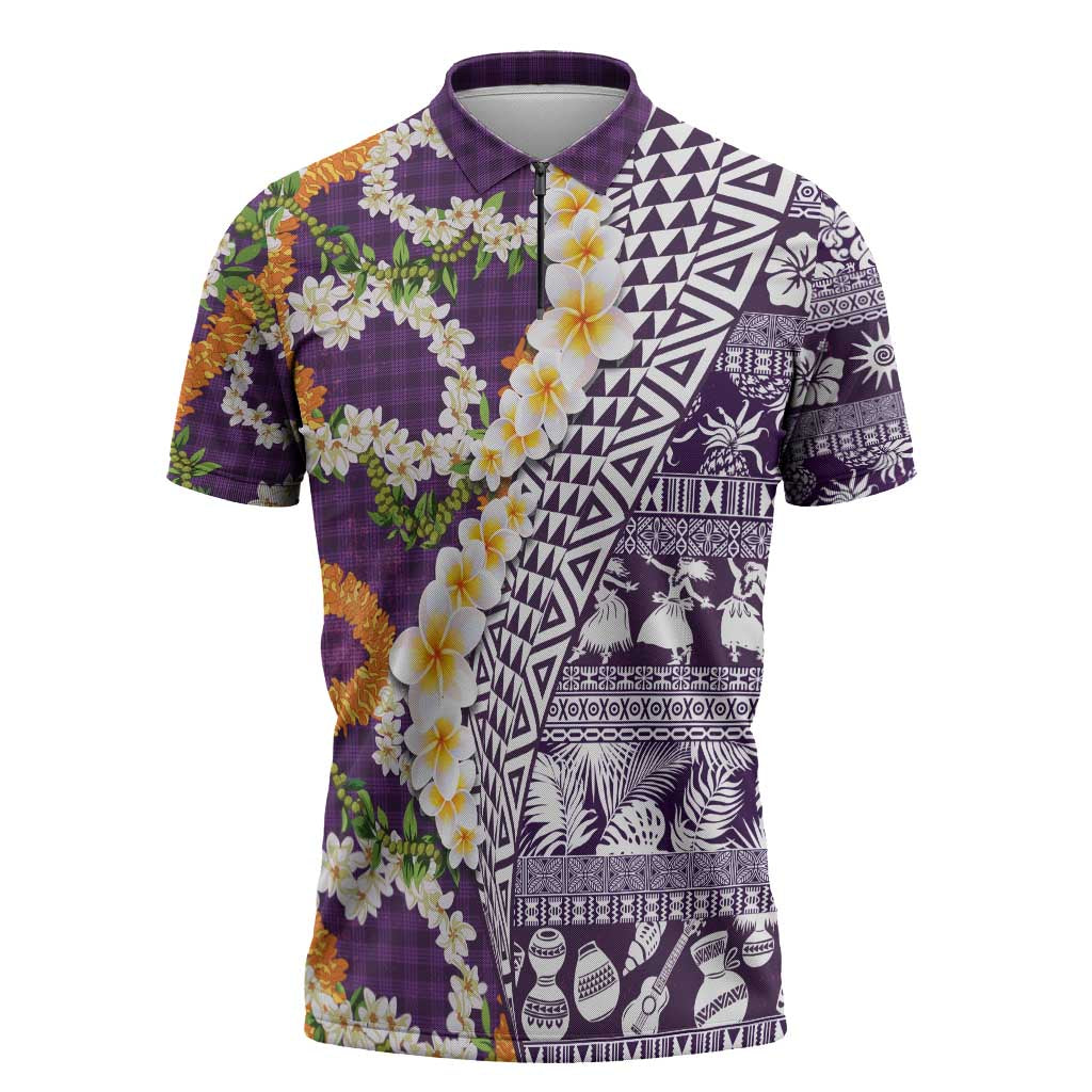 Hawaiian Plumeria Lei Zipper Polo Shirt Kakau Motifs and Palaka Half Style Purple Color - Polynesian Pride