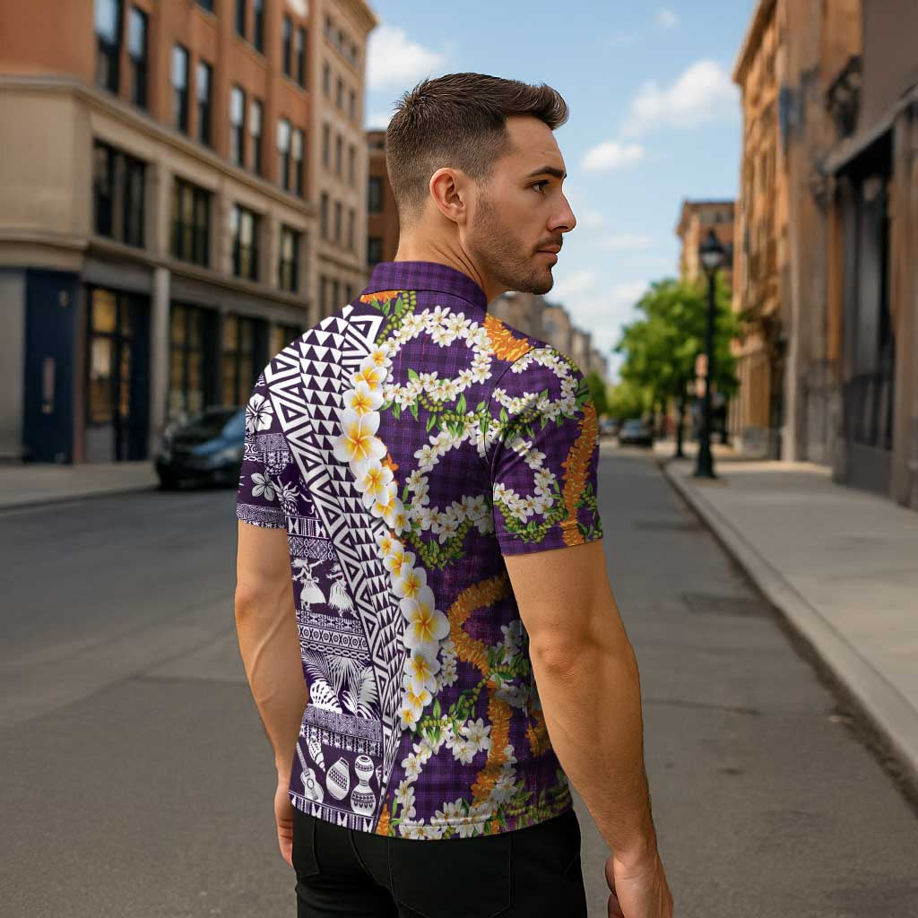Hawaiian Plumeria Lei Zipper Polo Shirt Kakau Motifs and Palaka Half Style Purple Color - Polynesian Pride