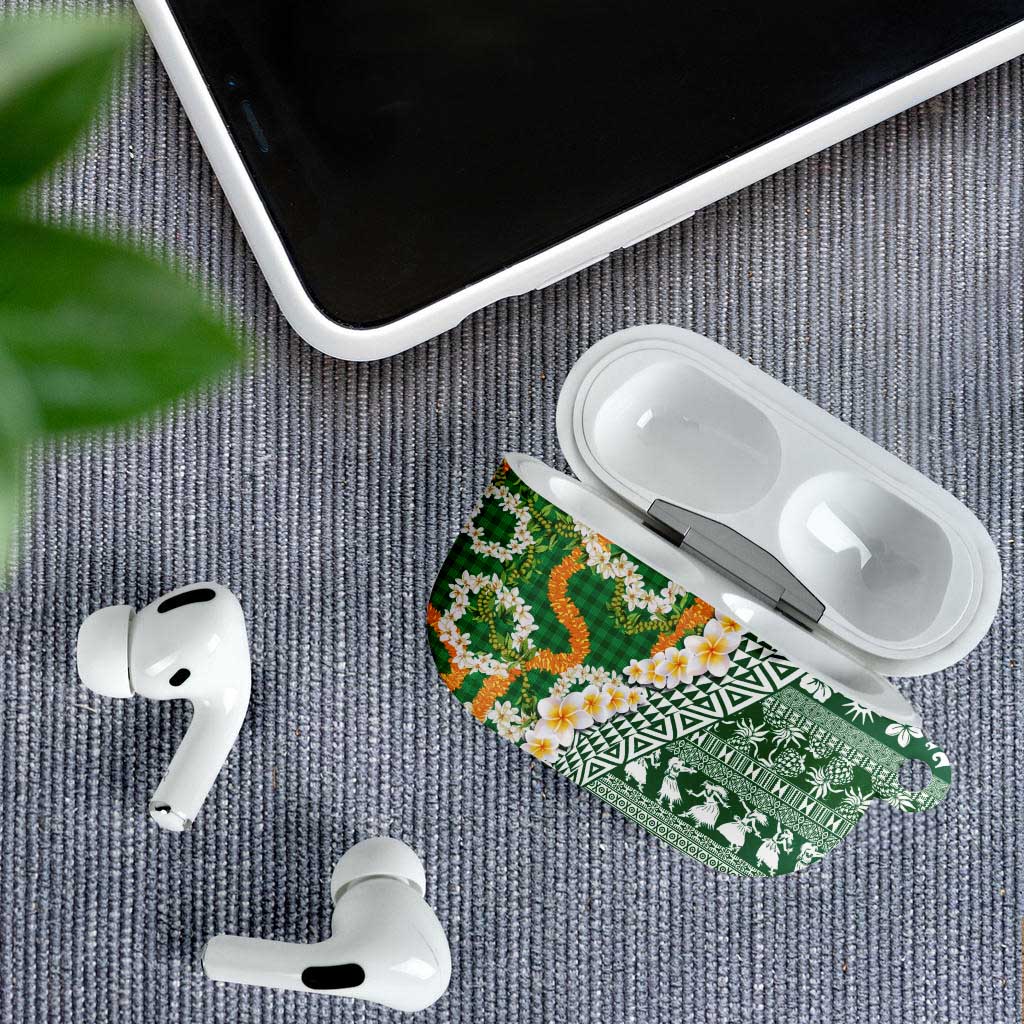 Hawaiian Plumeria Lei AirPods Case Kakau Motifs and Palaka Half Style Green Color - Polynesian Pride