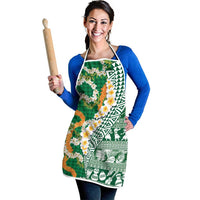 Hawaiian Plumeria Lei Apron Kakau Motifs and Palaka Half Style Green Color - Polynesian Pride