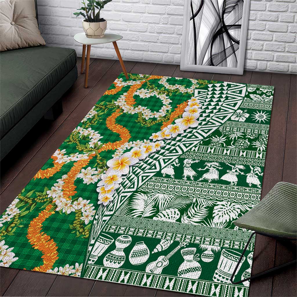 Hawaiian Plumeria Lei Area Rug Kakau Motifs and Palaka Half Style Green Color - Polynesian Pride