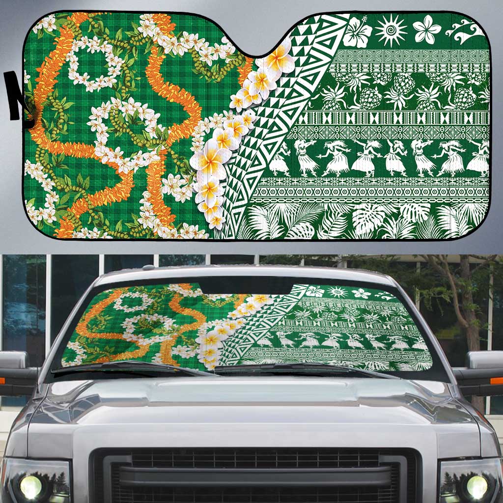 Hawaiian Plumeria Lei Auto Sun Shade Kakau Motifs and Palaka Half Style Green Color - Polynesian Pride