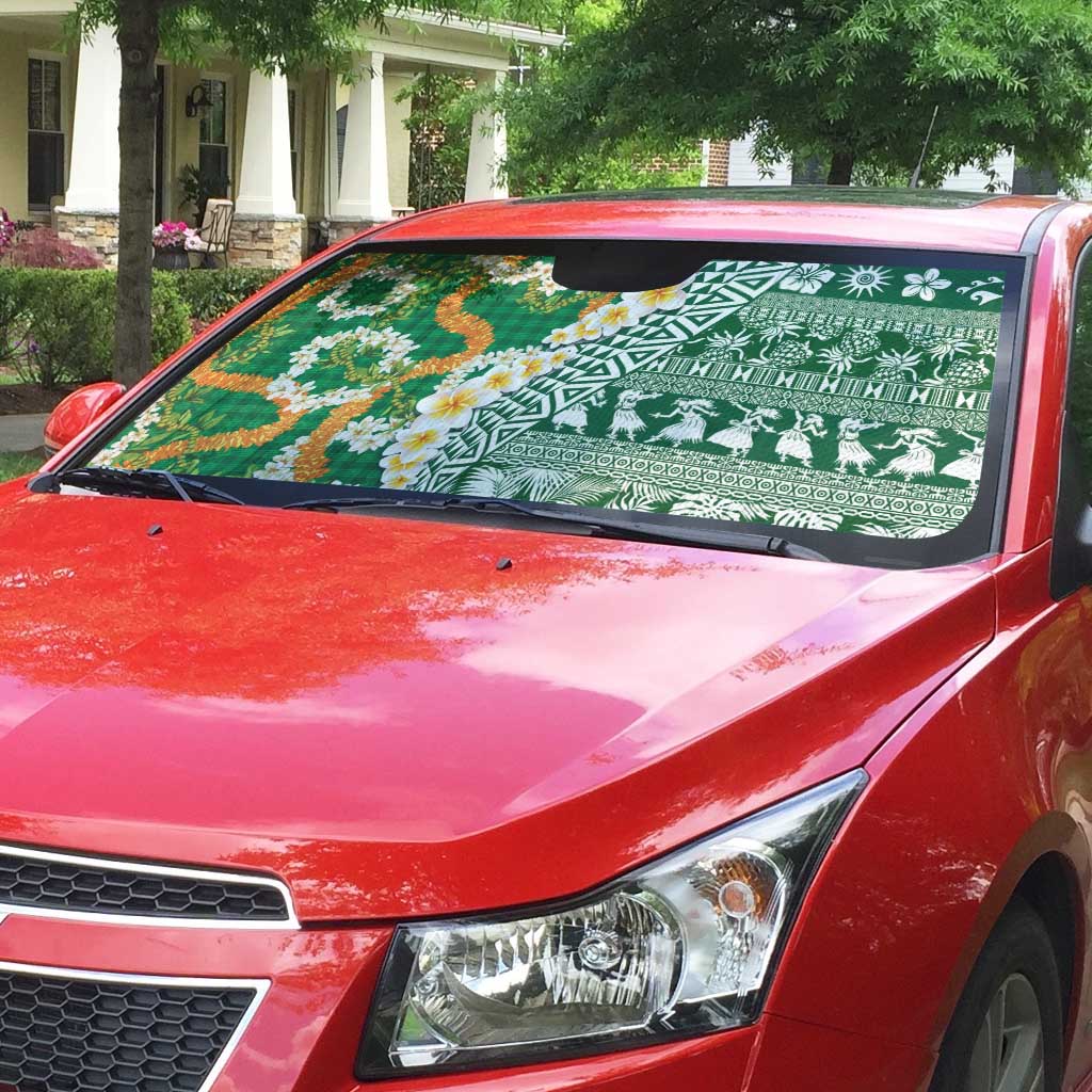 Hawaiian Plumeria Lei Auto Sun Shade Kakau Motifs and Palaka Half Style Green Color - Polynesian Pride