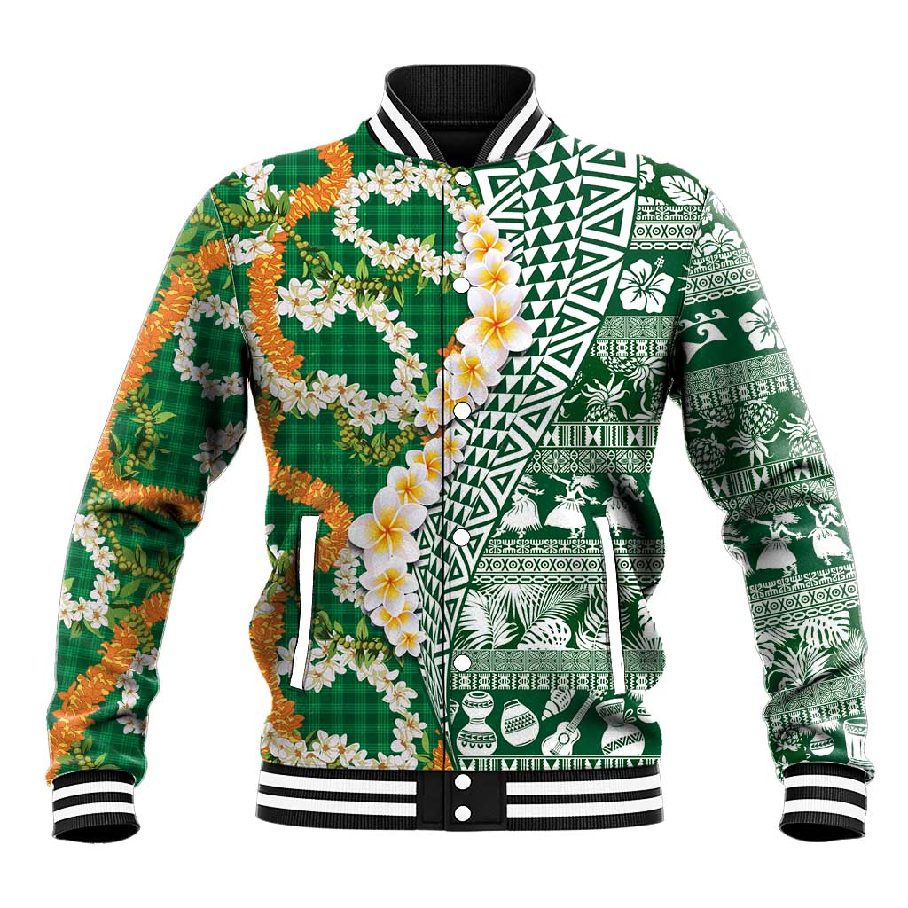 Hawaiian Plumeria Lei Baseball Jacket Kakau Motifs and Palaka Half Style Green Color LT03 Unisex Green - Polynesian Pride