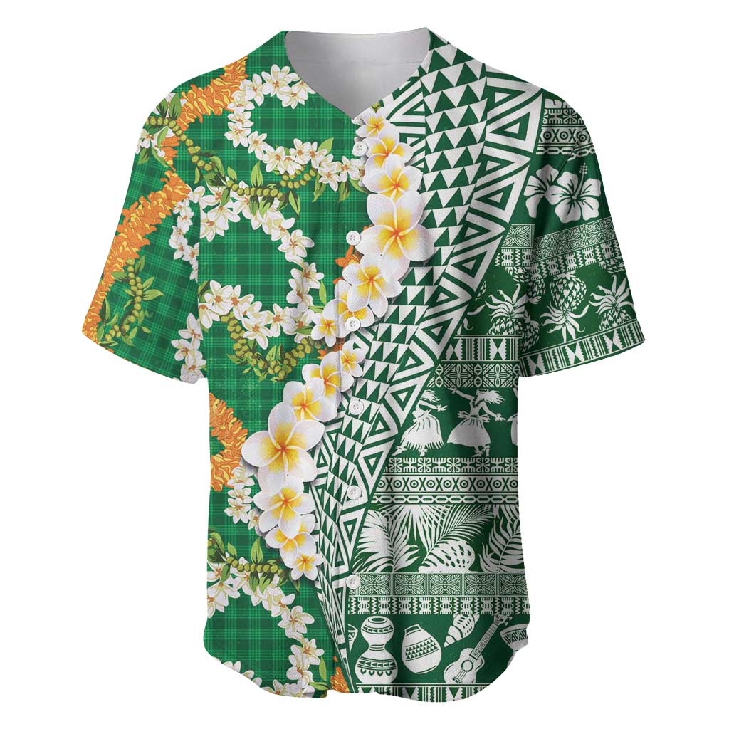 Hawaiian Plumeria Lei Baseball Jersey Kakau Motifs and Palaka Half Style Green Color LT03 Green - Polynesian Pride