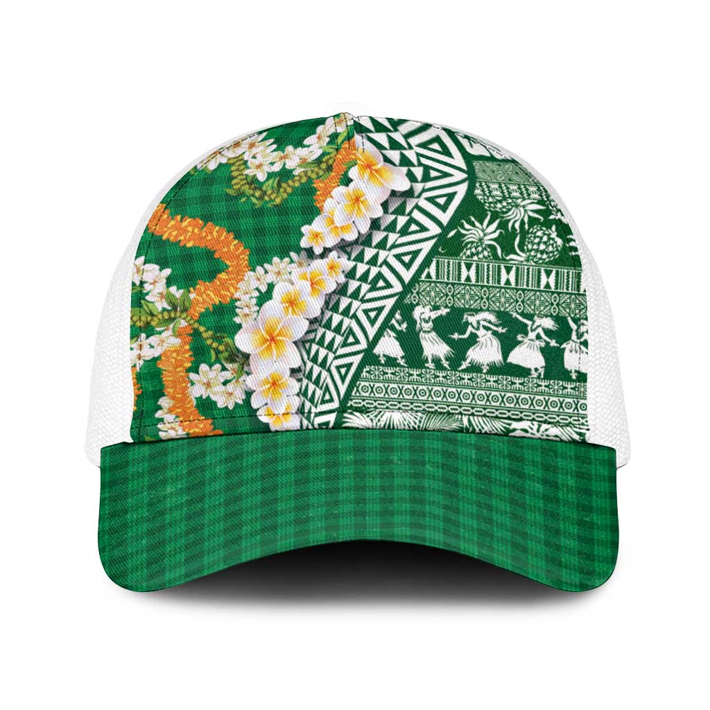 Hawaiian Plumeria Lei Baseball Net Cap Kakau Motifs and Palaka Half Style Green Color LT03 One Size White Green - Polynesian Pride