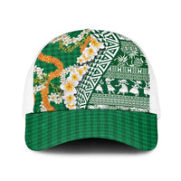 Hawaiian Plumeria Lei Baseball Net Cap Kakau Motifs and Palaka Half Style Green Color LT03 One Size White Green - Polynesian Pride