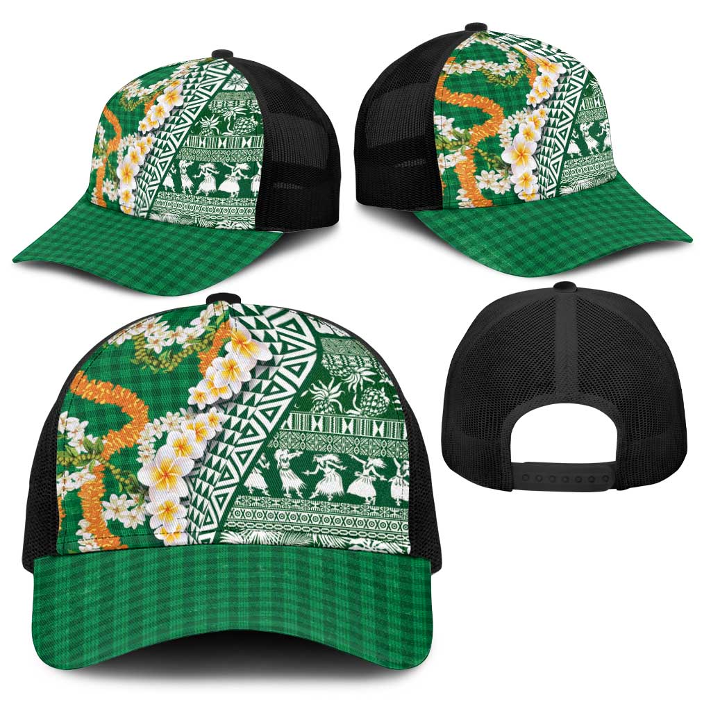 Hawaiian Plumeria Lei Baseball Net Cap Kakau Motifs and Palaka Half Style Green Color LT03 - Polynesian Pride