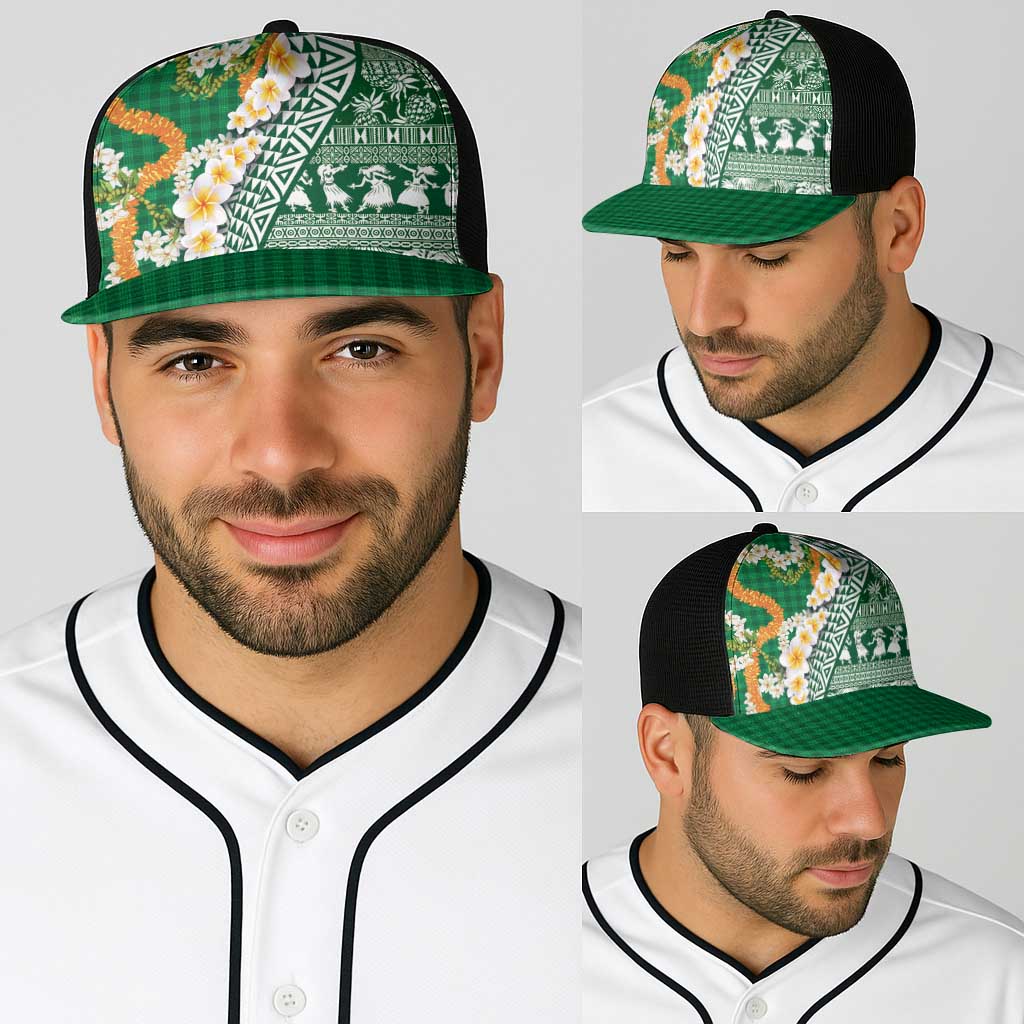 Hawaiian Plumeria Lei Baseball Net Cap Kakau Motifs and Palaka Half Style Green Color LT03 - Polynesian Pride