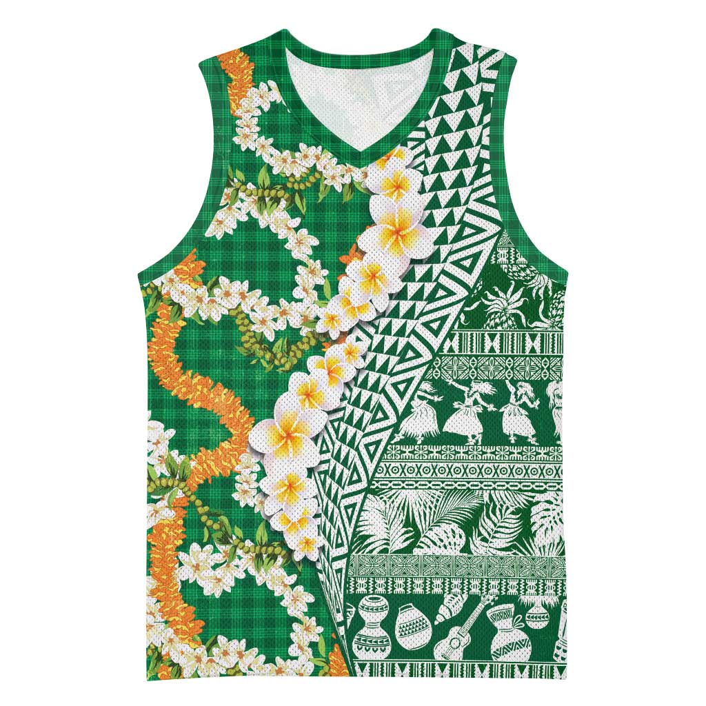 Hawaiian Plumeria Lei Basketball Jersey Kakau Motifs and Palaka Half Style Green Color LT03 Unisex Green - Polynesian Pride