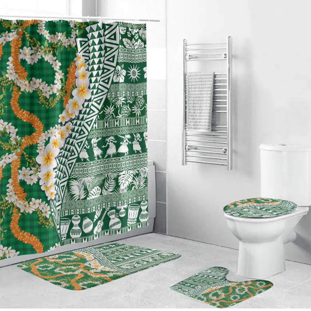 Hawaiian Plumeria Lei Bathroom Set Kakau Motifs and Palaka Half Style Green Color LT03 Bathroom Set (4 pcs) Green - Polynesian Pride