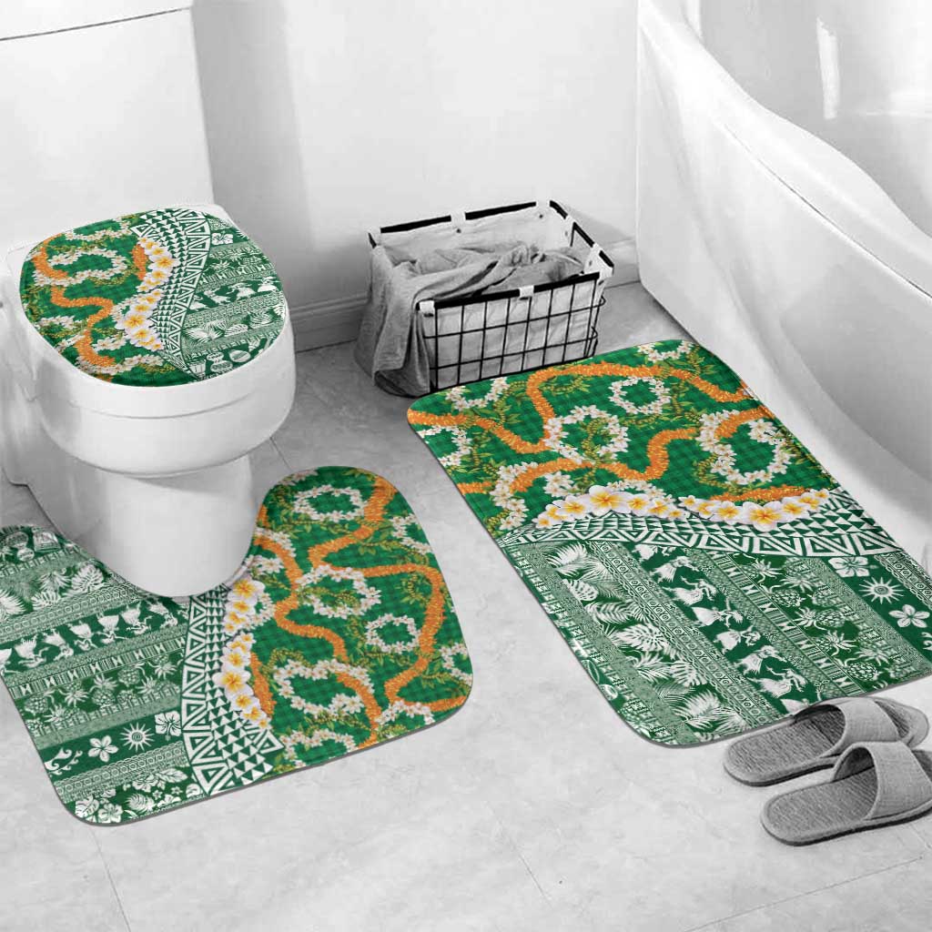 Hawaiian Plumeria Lei Bathroom Set Kakau Motifs and Palaka Half Style Green Color LT03 Mat Set Only (3 pcs) One Size Green - Polynesian Pride