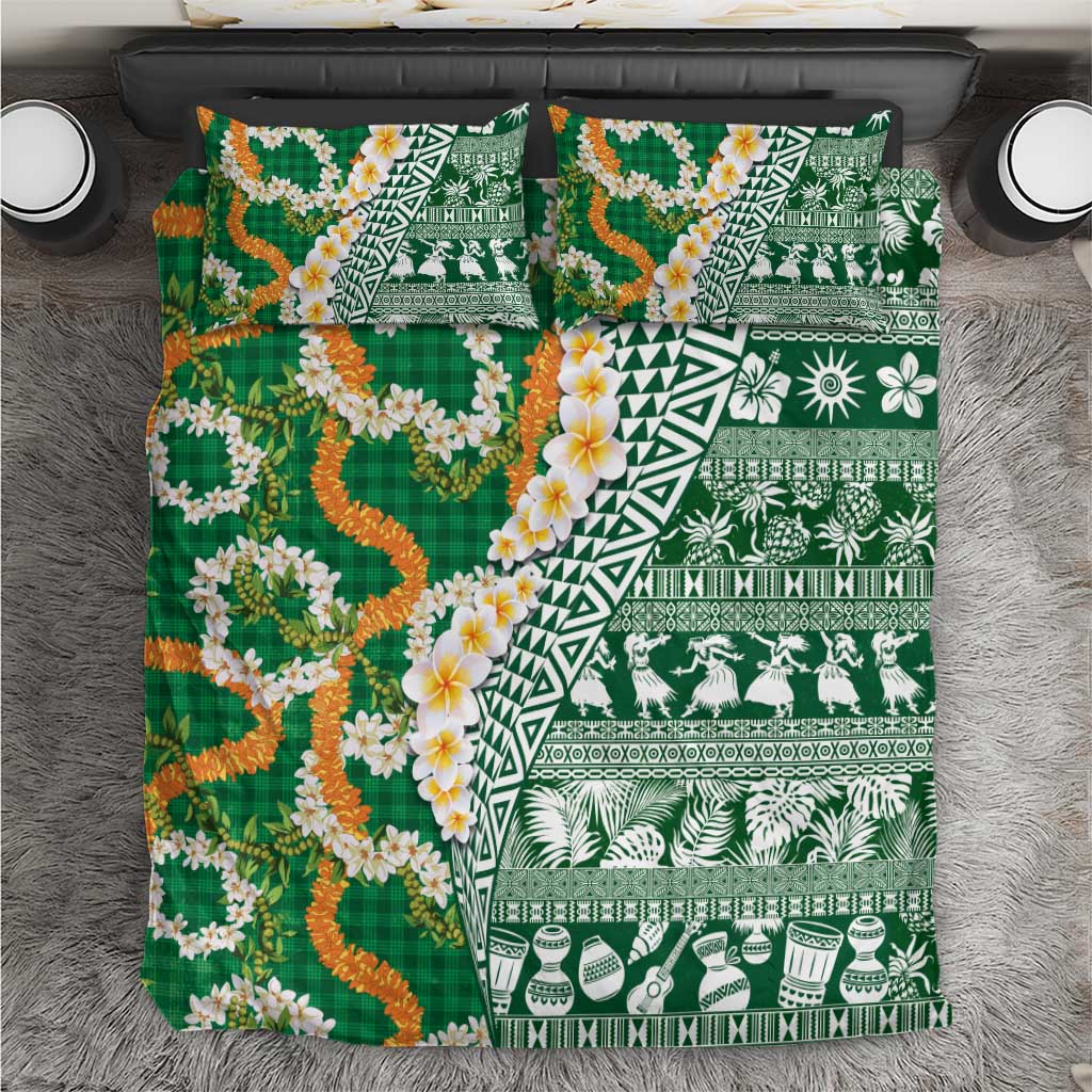 Hawaiian Plumeria Lei Bedding Set Kakau Motifs and Palaka Half Style Green Color - Polynesian Pride