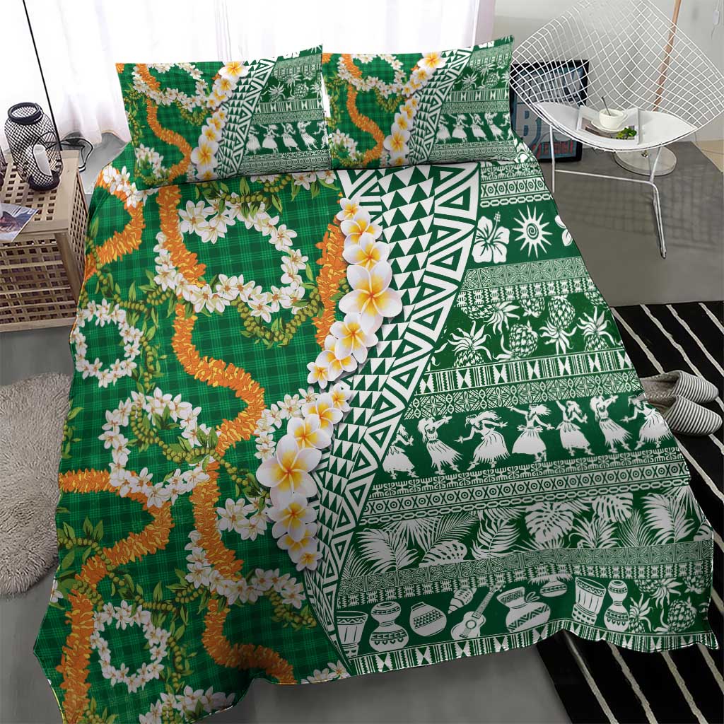 Hawaiian Plumeria Lei Bedding Set Kakau Motifs and Palaka Half Style Green Color - Polynesian Pride