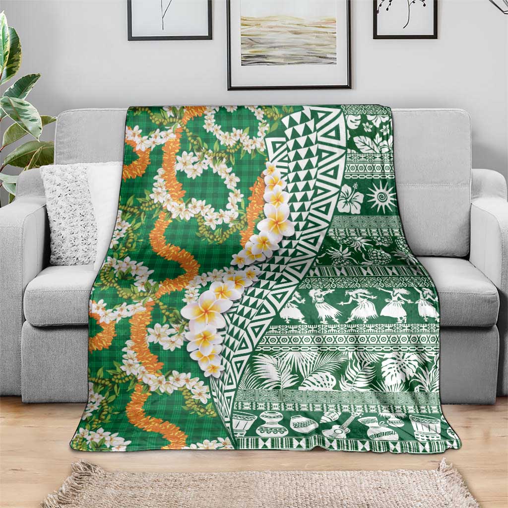 Hawaiian Plumeria Lei Blanket Kakau Motifs and Palaka Half Style Green Color - Polynesian Pride