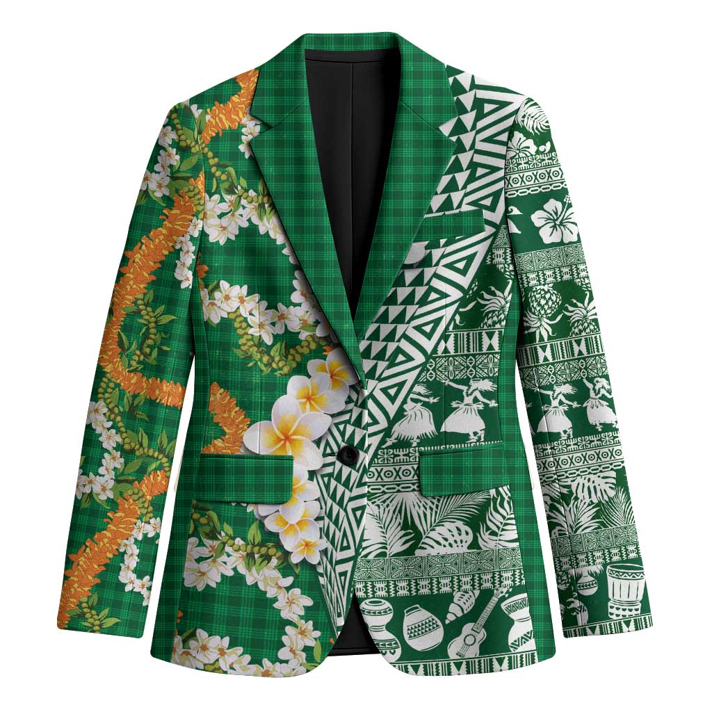 Hawaiian Plumeria Lei Blazer Kakau Motifs and Palaka Half Style Green Color - Polynesian Pride