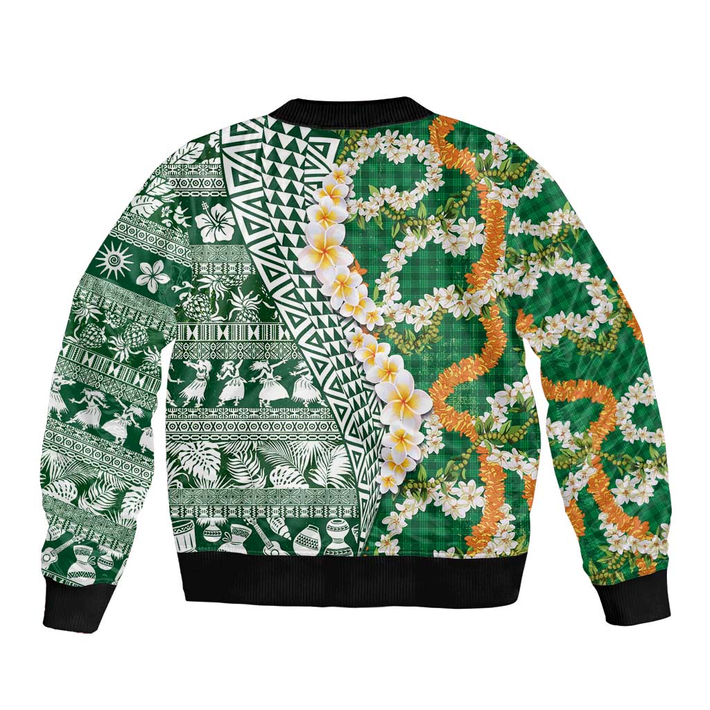 Hawaiian Plumeria Lei Bomber Jacket Kakau Motifs and Palaka Half Style Green Color - Polynesian Pride