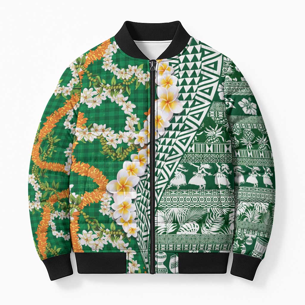 Hawaiian Plumeria Lei Bomber Puffer Jacket Kakau Motifs and Palaka Half Style Green Color LT03 Unisex Green - Polynesian Pride