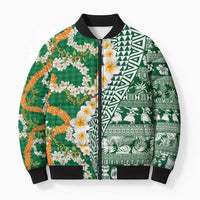 Hawaiian Plumeria Lei Bomber Puffer Jacket Kakau Motifs and Palaka Half Style Green Color LT03 Unisex Green - Polynesian Pride