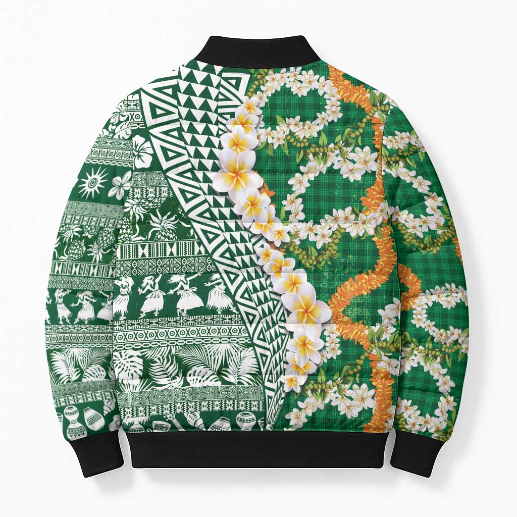 Hawaiian Plumeria Lei Bomber Puffer Jacket Kakau Motifs and Palaka Half Style Green Color LT03 - Polynesian Pride