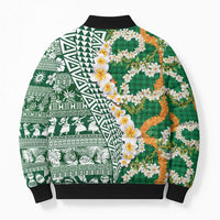 Hawaiian Plumeria Lei Bomber Puffer Jacket Kakau Motifs and Palaka Half Style Green Color LT03 - Polynesian Pride
