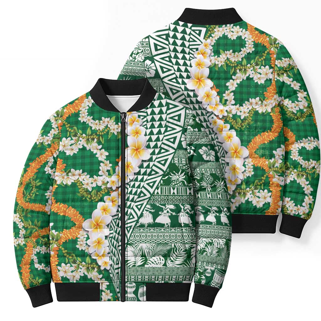 Hawaiian Plumeria Lei Bomber Puffer Jacket Kakau Motifs and Palaka Half Style Green Color LT03 - Polynesian Pride