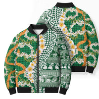 Hawaiian Plumeria Lei Bomber Puffer Jacket Kakau Motifs and Palaka Half Style Green Color LT03 - Polynesian Pride