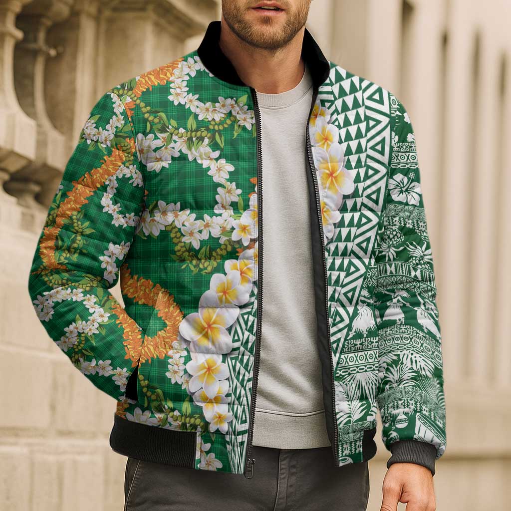 Hawaiian Plumeria Lei Bomber Puffer Jacket Kakau Motifs and Palaka Half Style Green Color LT03 - Polynesian Pride