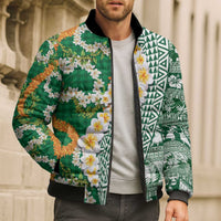 Hawaiian Plumeria Lei Bomber Puffer Jacket Kakau Motifs and Palaka Half Style Green Color LT03 - Polynesian Pride