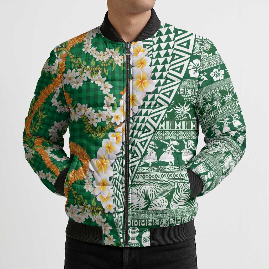 Hawaiian Plumeria Lei Bomber Puffer Jacket Kakau Motifs and Palaka Half Style Green Color LT03 - Polynesian Pride
