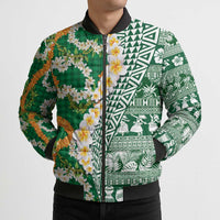 Hawaiian Plumeria Lei Bomber Puffer Jacket Kakau Motifs and Palaka Half Style Green Color LT03 - Polynesian Pride