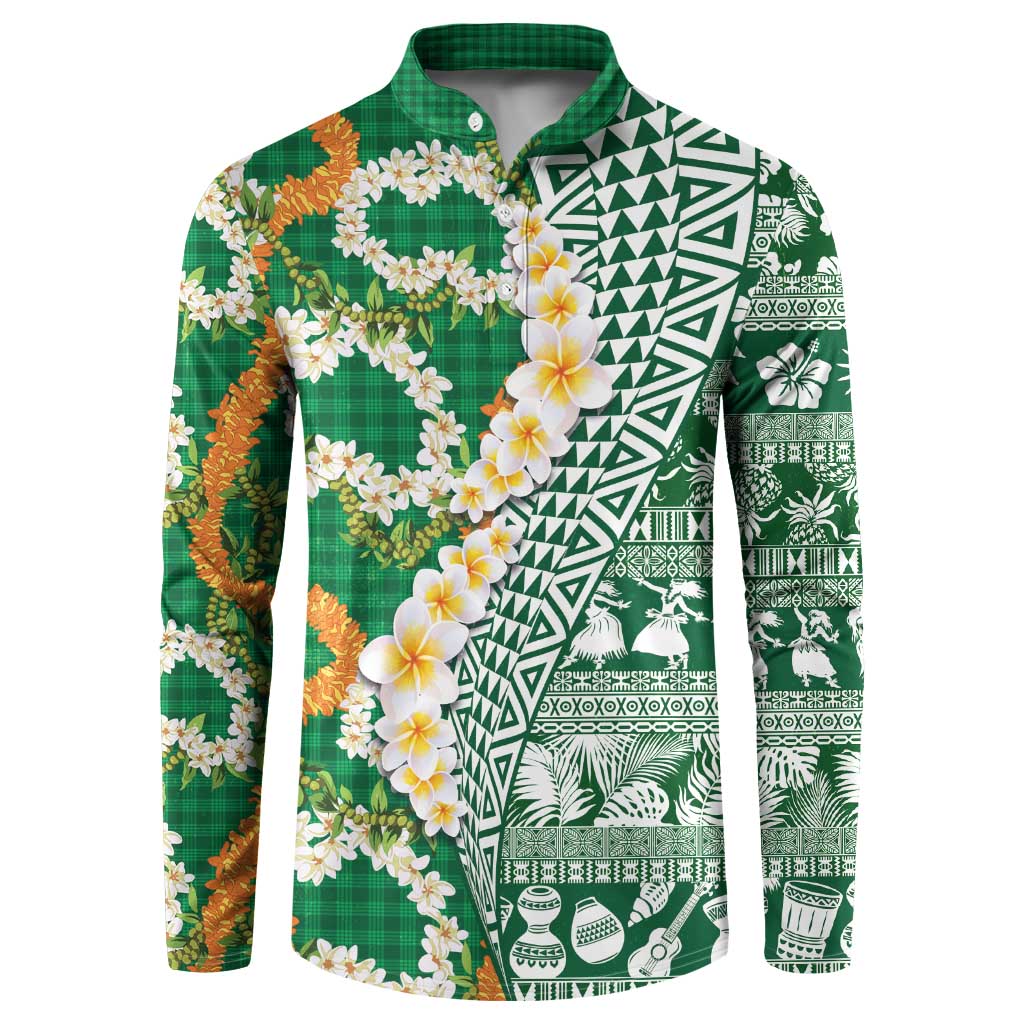 Hawaiian Plumeria Lei Button Sweatshirt Kakau Motifs and Palaka Half Style Green Color LT03 Green - Polynesian Pride
