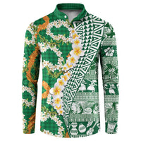 Hawaiian Plumeria Lei Button Sweatshirt Kakau Motifs and Palaka Half Style Green Color LT03 Green - Polynesian Pride