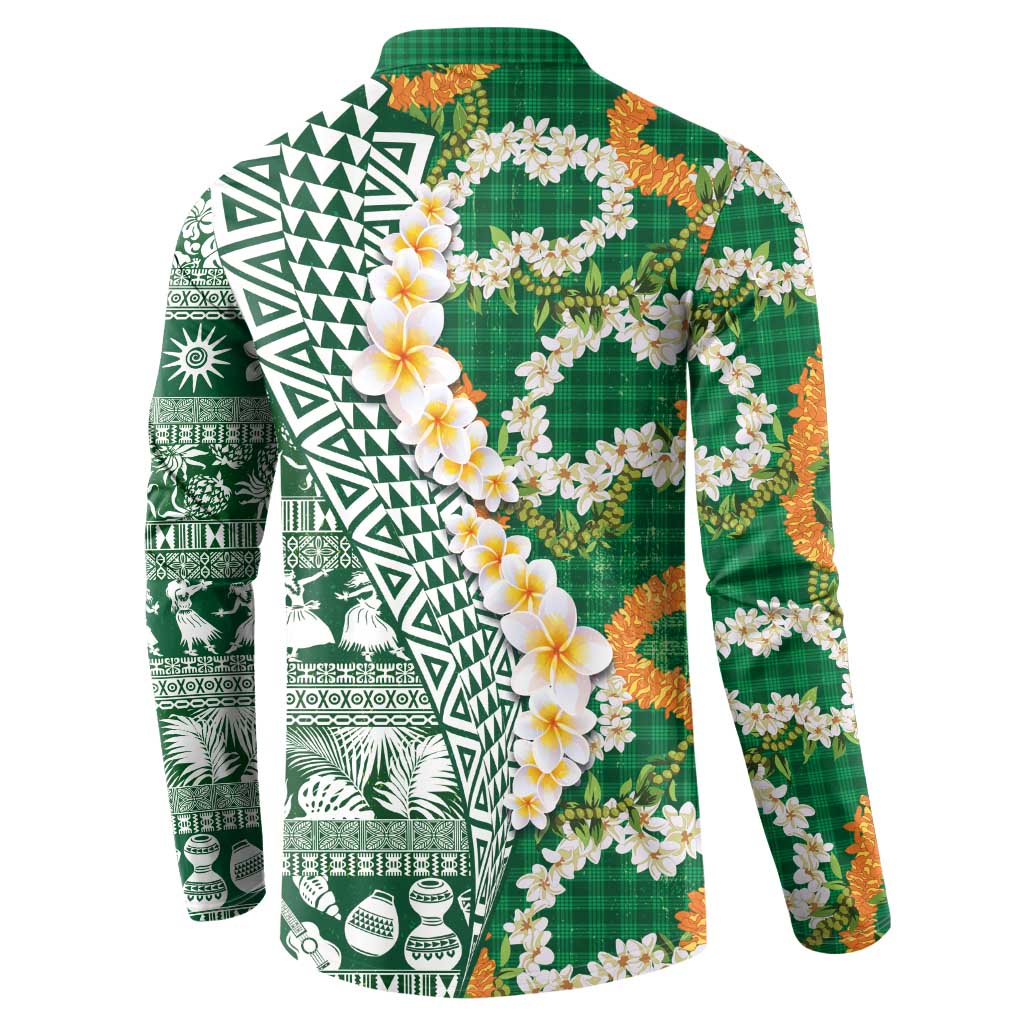 Hawaiian Plumeria Lei Button Sweatshirt Kakau Motifs and Palaka Half Style Green Color LT03 - Polynesian Pride