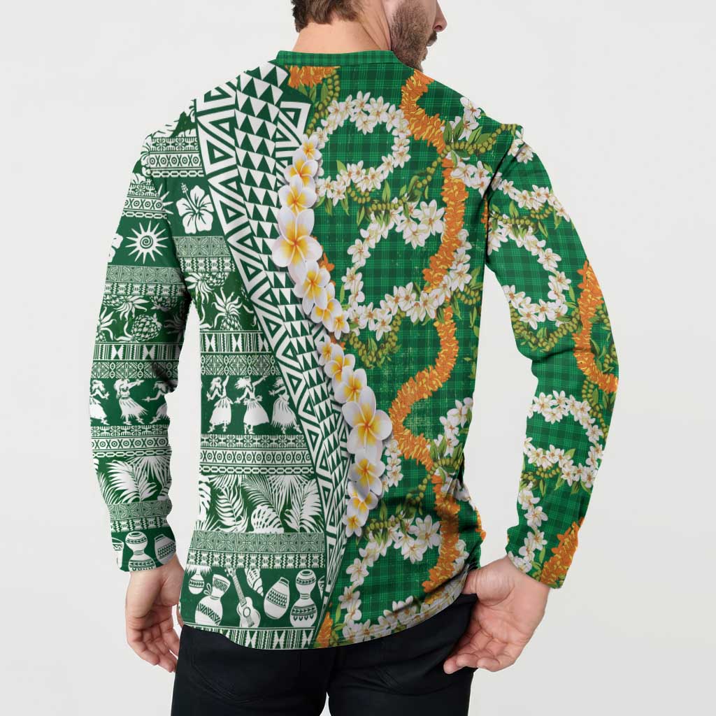 Hawaiian Plumeria Lei Button Sweatshirt Kakau Motifs and Palaka Half Style Green Color LT03 - Polynesian Pride