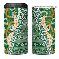 Hawaiian Plumeria Lei 4 in 1 Can Cooler Tumbler Kakau Motifs and Palaka Half Style Green Color - Polynesian Pride