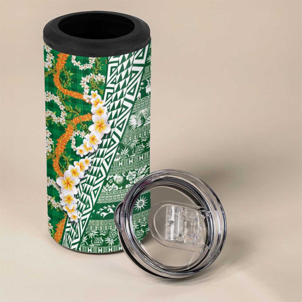 Hawaiian Plumeria Lei 4 in 1 Can Cooler Tumbler Kakau Motifs and Palaka Half Style Green Color - Polynesian Pride
