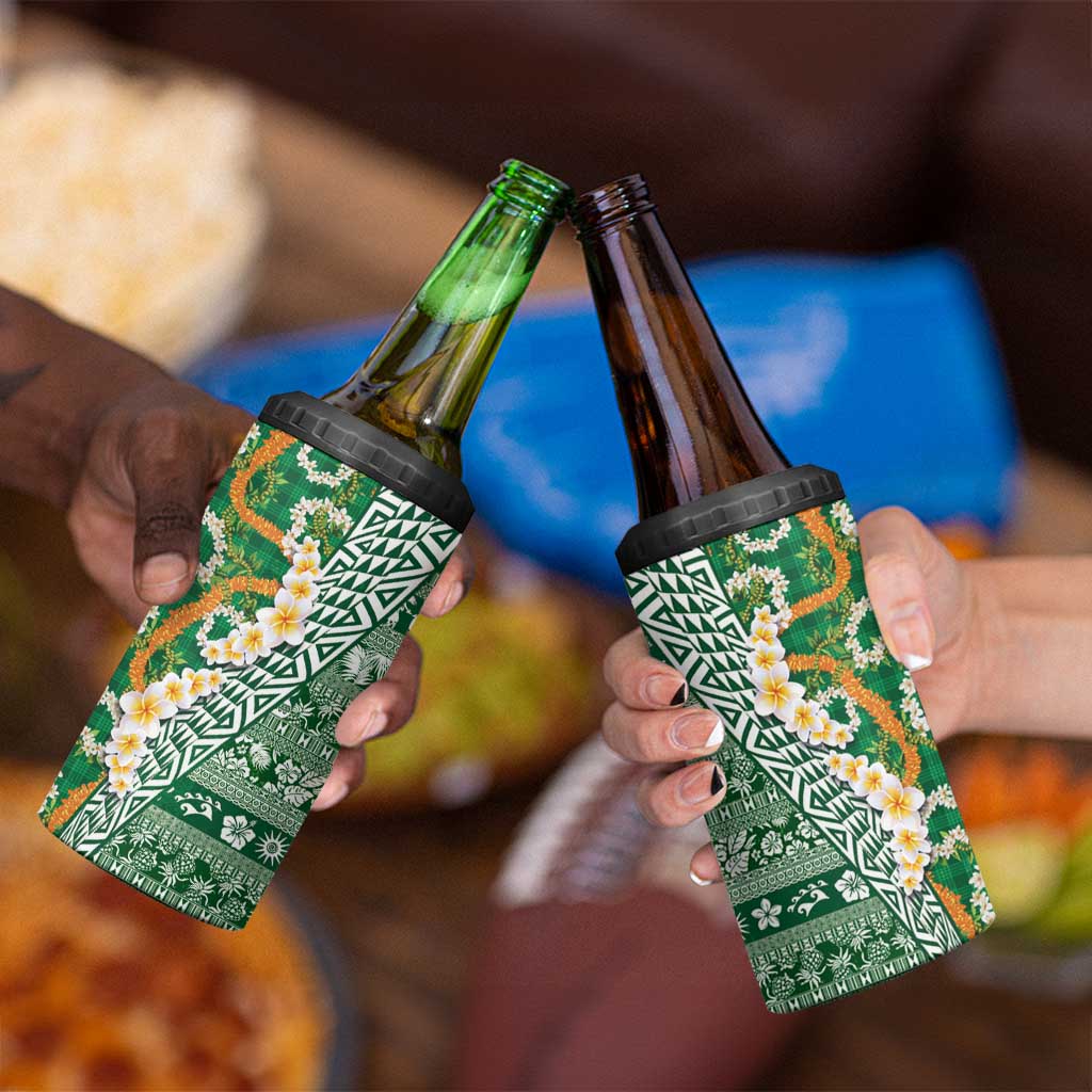 Hawaiian Plumeria Lei 4 in 1 Can Cooler Tumbler Kakau Motifs and Palaka Half Style Green Color - Polynesian Pride