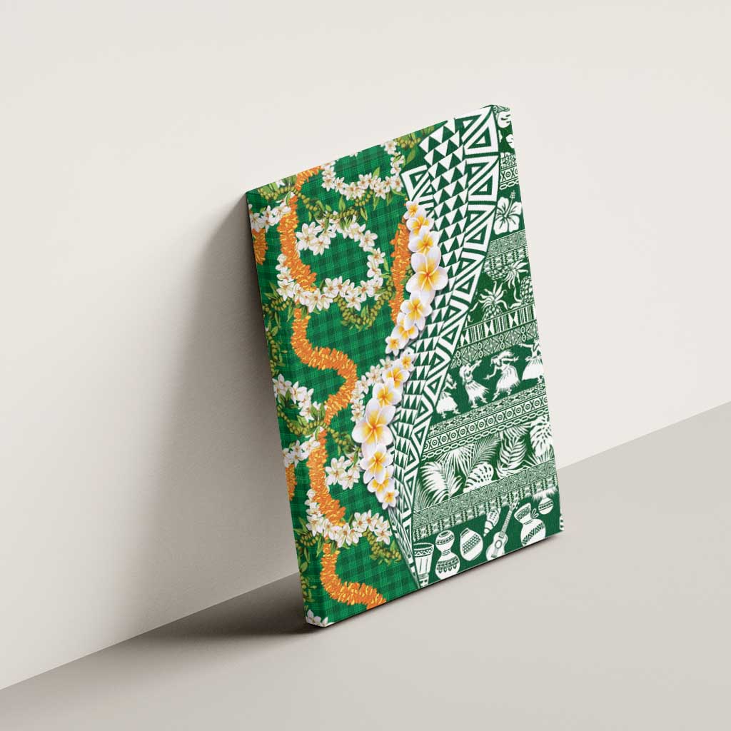 Hawaiian Plumeria Lei Canvas Wall Art Kakau Motifs and Palaka Half Style Green Color LT03 - Polynesian Pride