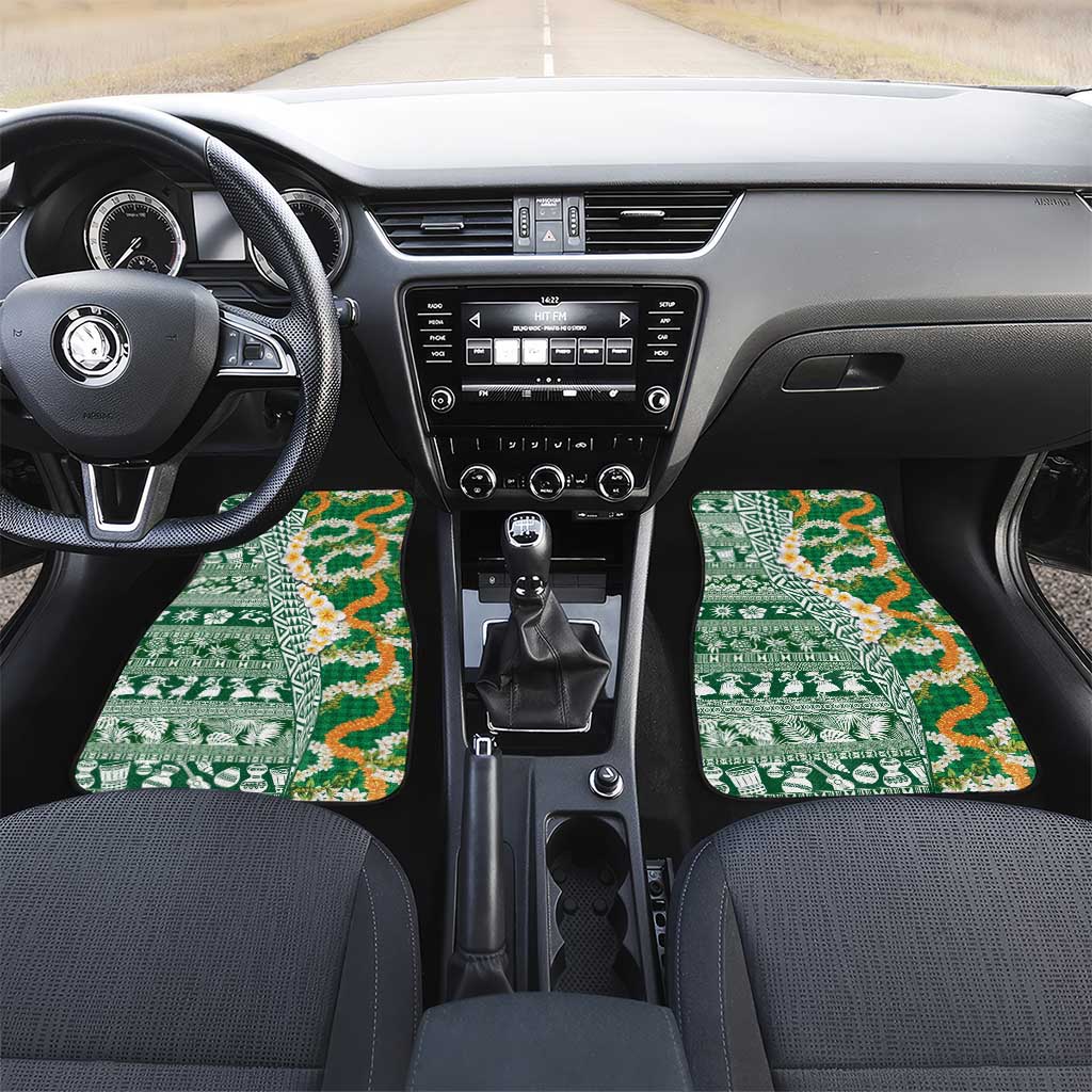 Hawaiian Plumeria Lei Car Mats Kakau Motifs and Palaka Half Style Green Color - Polynesian Pride