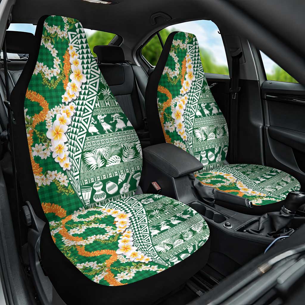 Hawaiian Plumeria Lei Car Seat Cover Kakau Motifs and Palaka Half Style Green Color - Polynesian Pride