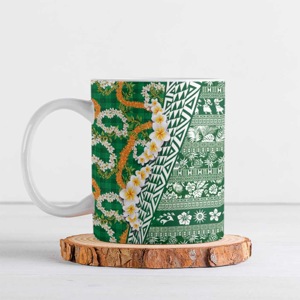 Hawaiian Plumeria Lei Ceramic Mug Kakau Motifs and Palaka Half Style Green Color LT03 Green - Polynesian Pride