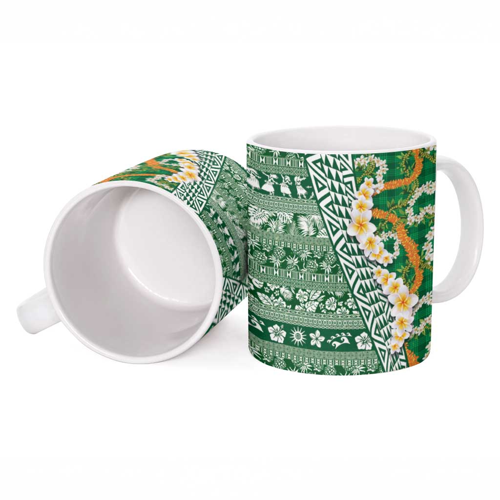Hawaiian Plumeria Lei Ceramic Mug Kakau Motifs and Palaka Half Style Green Color LT03 - Polynesian Pride