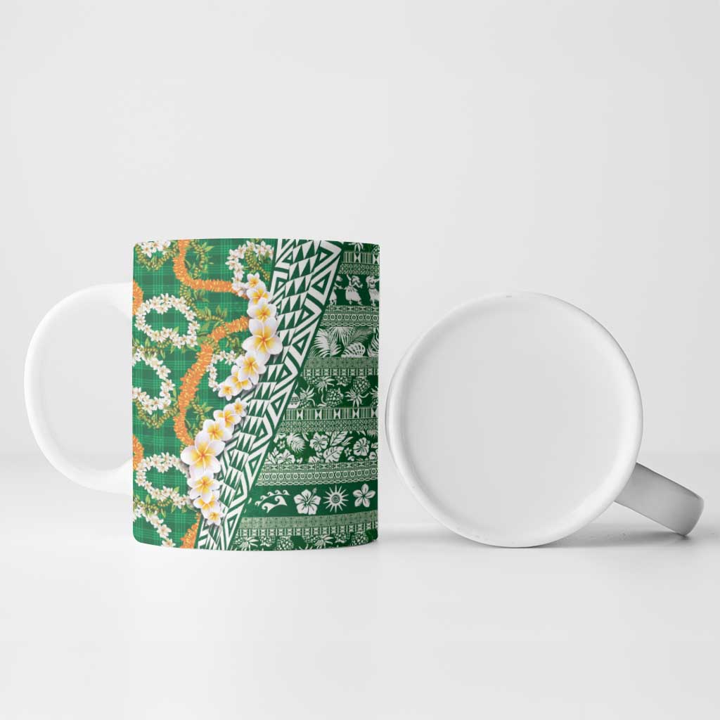 Hawaiian Plumeria Lei Ceramic Mug Kakau Motifs and Palaka Half Style Green Color LT03 - Polynesian Pride