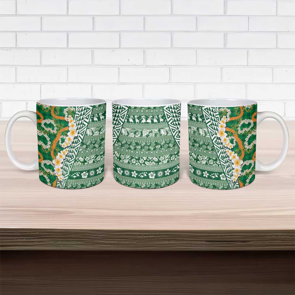 Hawaiian Plumeria Lei Ceramic Mug Kakau Motifs and Palaka Half Style Green Color LT03 - Polynesian Pride