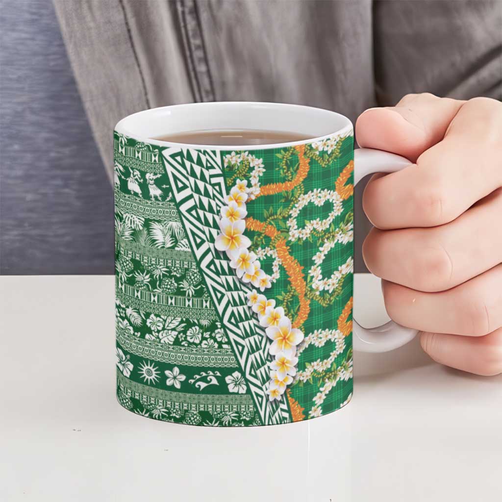 Hawaiian Plumeria Lei Ceramic Mug Kakau Motifs and Palaka Half Style Green Color LT03 - Polynesian Pride